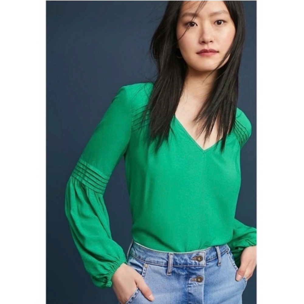 Anthropologie Maeve Ceresco Peasant Balloon Sleeve Top green size small